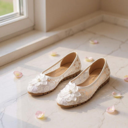 White Floral Lace Ballet Flats, Flower Applique Bridal Shoes, Comfortable Wedding Flats