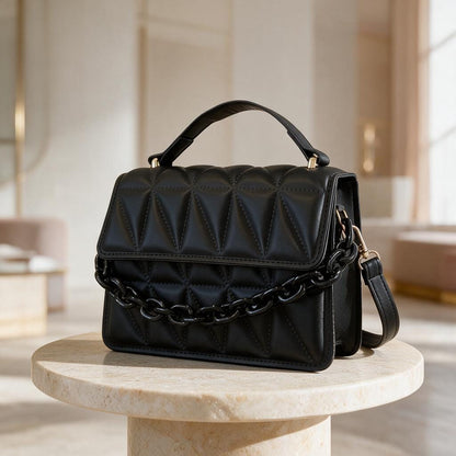 Black Quilted Handbag, Padded Flap Shoulder Bag, Chain Detail Purse, Top Handle Crossbody Bag, Elegant Womens Handbag