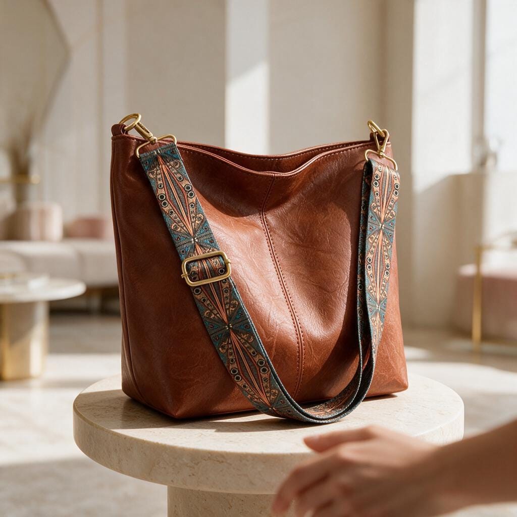 Brown Hobo Shoulder Bag, Boho Patterned Strap Purse, Slouchy Handbag, Adjustable Strap Bag, Casual Everyday Bag