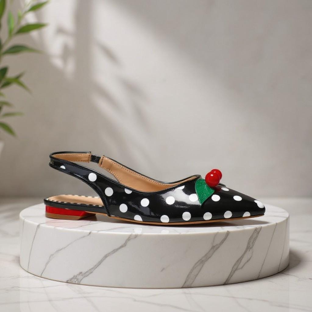 Black Cherry Slingback Flats, Polka Dot Shoes, Red Cherry Embellished Pointed Toe Flats, Retro Pin Up Shoes