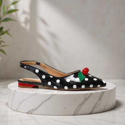 Black Cherry Slingback Flats, Polka Dot Shoes, Red Cherry Embellished Pointed Toe Flats, Retro Pin Up Shoes