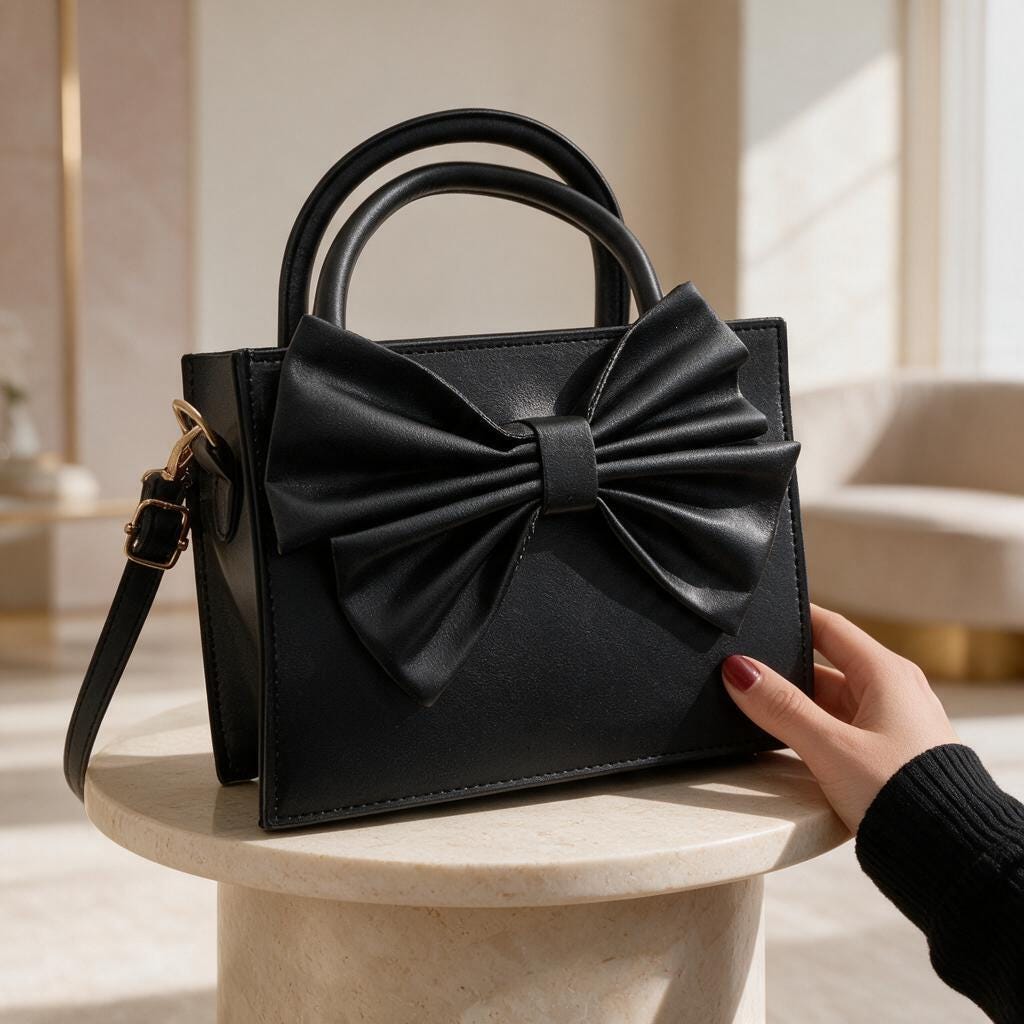Black Bow Handbag, Structured Top Handle Purse, Large Bow Shoulder Bag, Elegant Womens Handbag, Feminine Crossbody Purse
