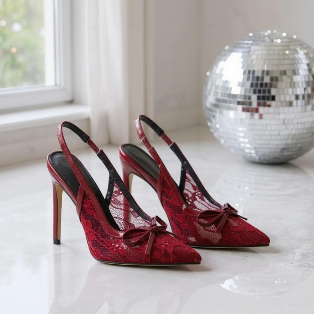 Red Lace Slingback Heels, Pointed Toe Stiletto Pumps, Bow Detail Party Shoes