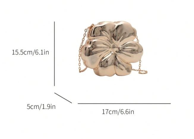 Gold Flower Clutch Bag, Metallic Statement Purse, 3D Floral Evening Bag, Chain Shoulder Bag