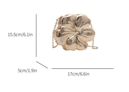 Gold Flower Clutch Bag, Metallic Statement Purse, 3D Floral Evening Bag, Chain Shoulder Bag