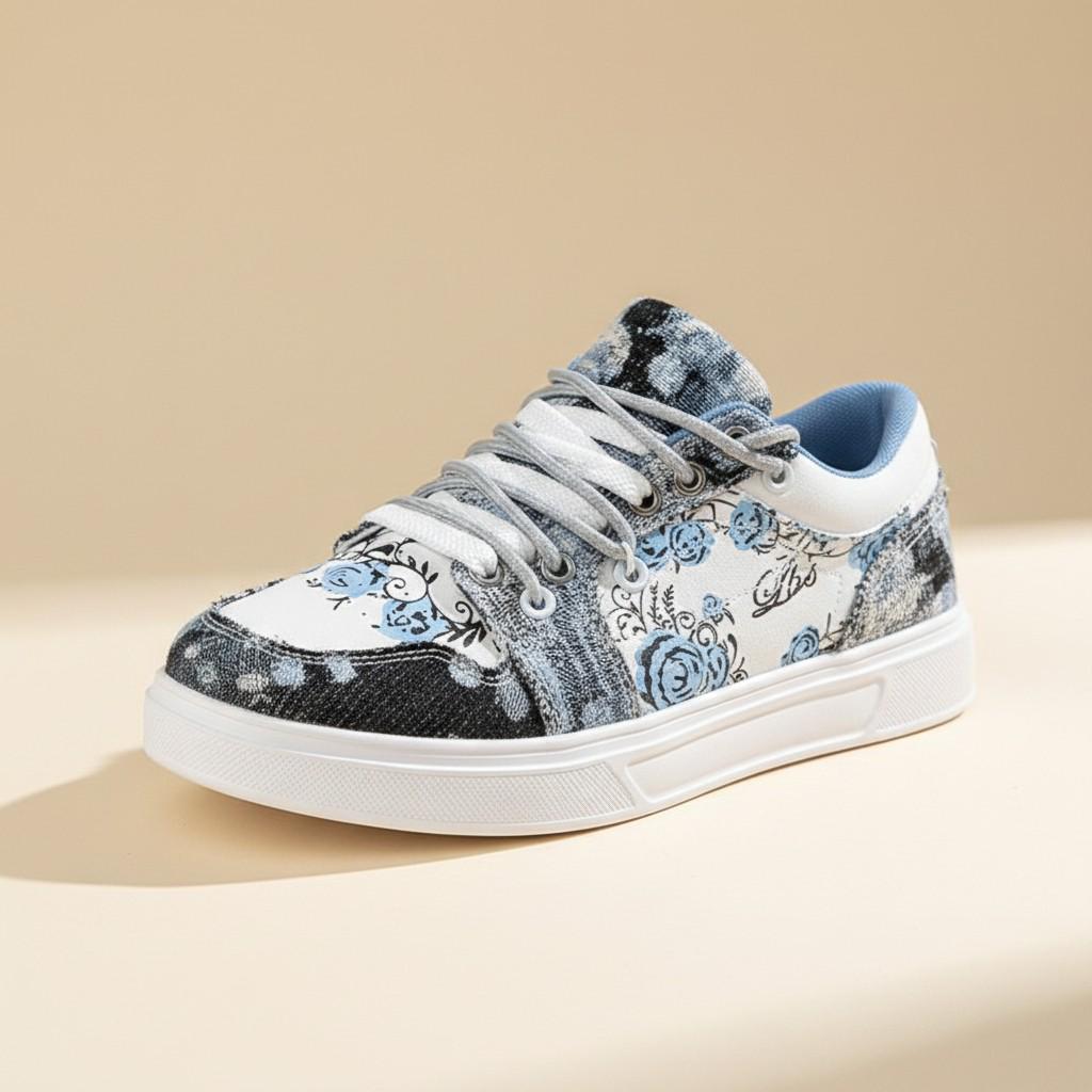 Blue Floral Sneakers, Women's Vintage Low Top Shoes, Lace Up