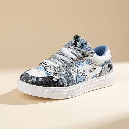 Blue Floral Sneakers, Women's Vintage Low Top Shoes, Lace Up