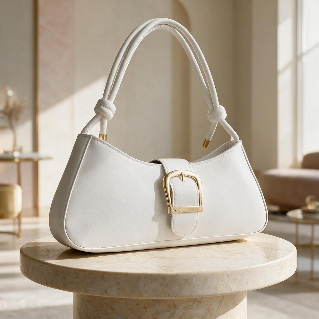 White Shoulder Bag, Baguette Purse, Buckle Detail Handbag, Minimalist Underarm Bag, Elegant Everyday Purse, Women's White Bag
