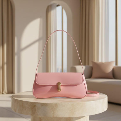 Pink Baguette Shoulder Bag, Glossy Pink Purse, Y2K Mini Handbag, Gold Buckle Shoulder Purse, Cute Pink Underarm Bag