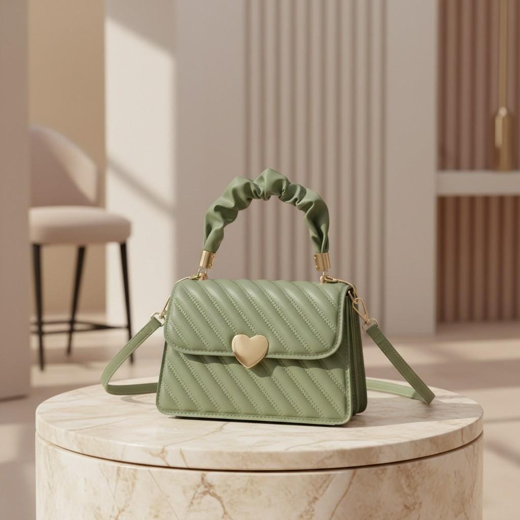 Sage Green Quilted Crossbody Bag, Women's Shoulder Purse, Heart Clasp Flap Bag, Small Everyday Handbag