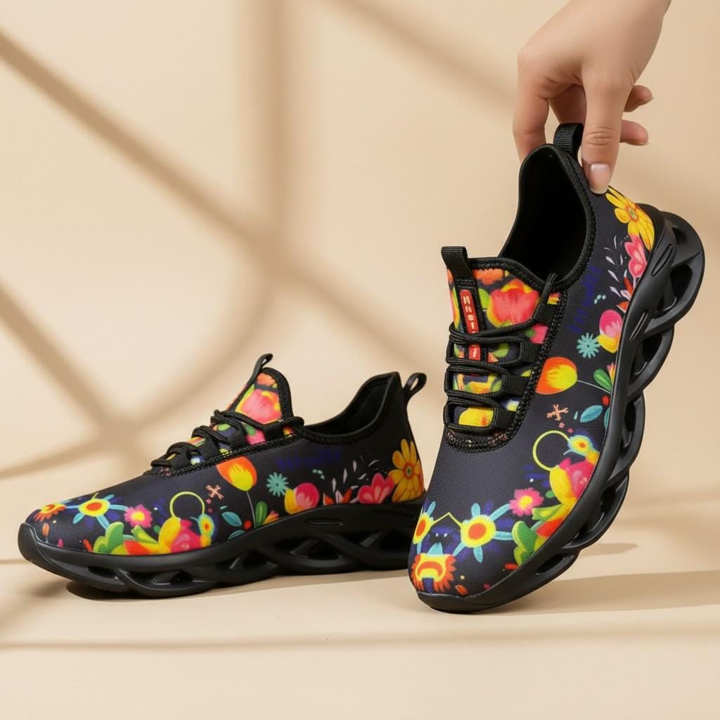 Colorful Floral Sneakers for Women, Botanical Athletic Shoes, Flower Print Running Shoes, Black Casual Sneakers, Gift for Her