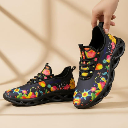 Colorful Floral Sneakers for Women, Botanical Athletic Shoes, Flower Print Running Shoes, Black Casual Sneakers, Gift for Her