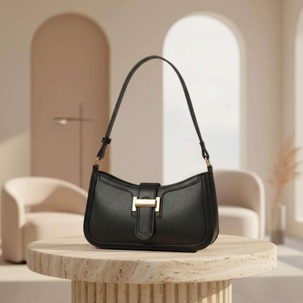 Black Shoulder Bag, Y2K Baguette Purse, Black Handbag, Gold Buckle Bag, Minimalist Everyday Purse