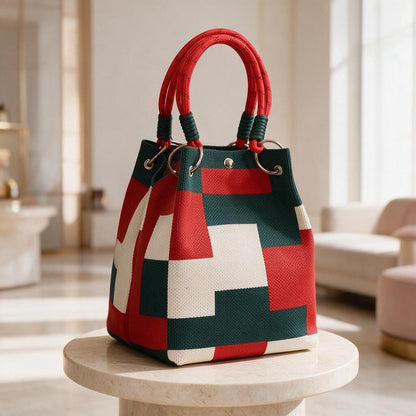 Geometric Woven Bag, Color Block Bucket Bag, Red Green Handbag, Woven Shoulder Purse, Colorful Summer Bag