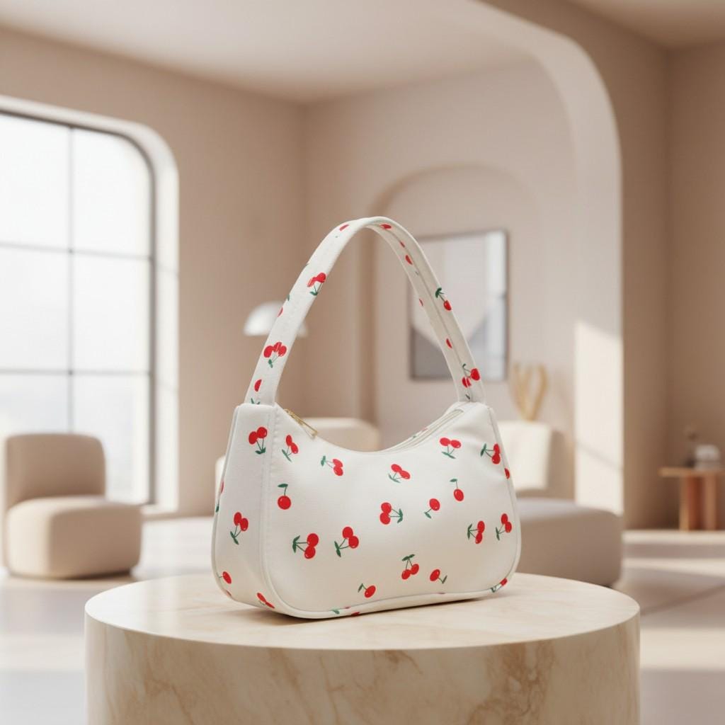 White Cherry Print Shoulder Bag, Cute Baguette Purse, Y2K Fruit Print Handbag, Small Underarm Bag, Casual Summer Bag