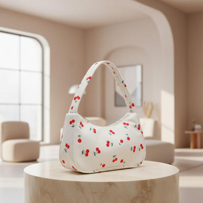 White Cherry Print Shoulder Bag, Cute Baguette Purse, Y2K Fruit Print Handbag, Small Underarm Bag, Casual Summer Bag