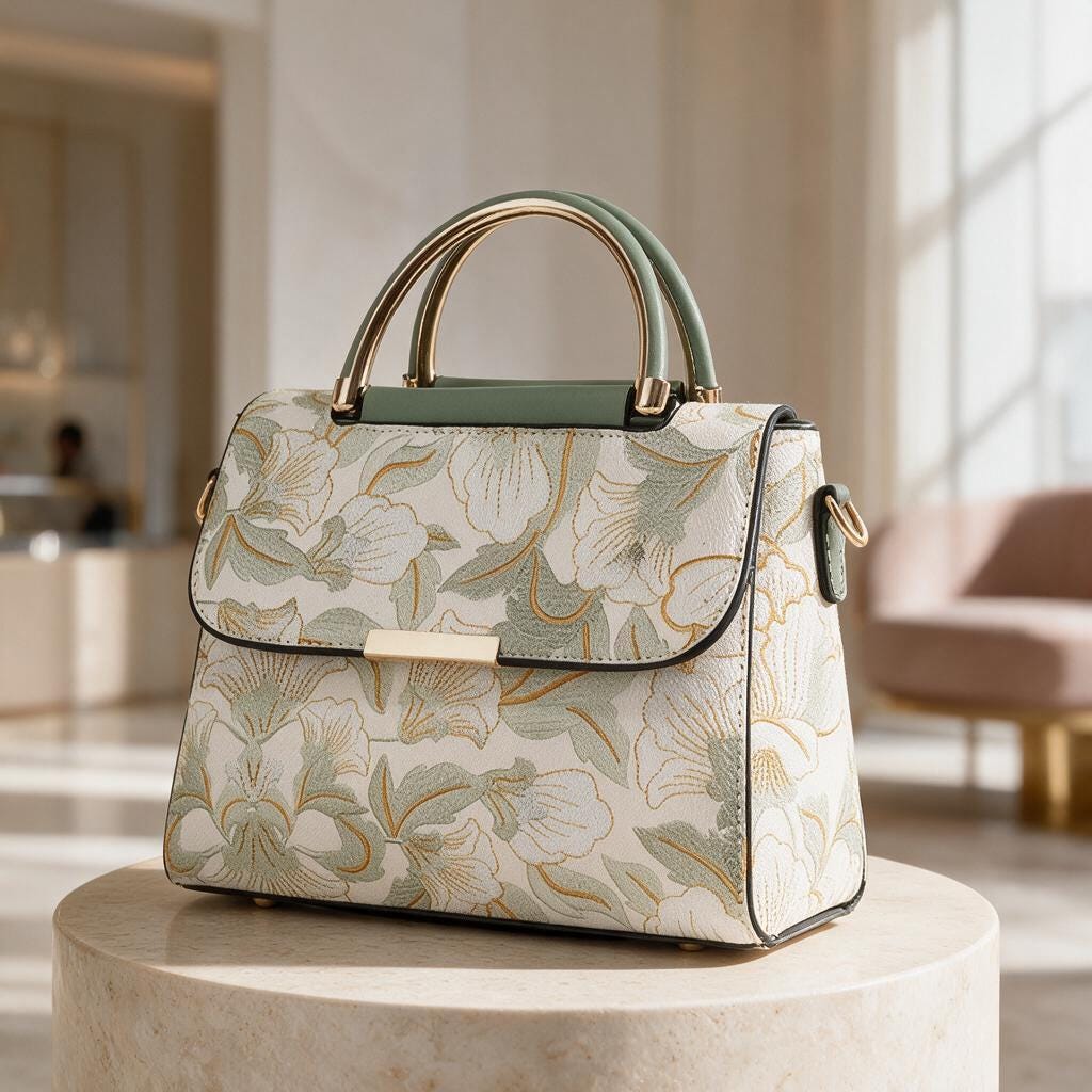 Sage Green Floral Handbag, Structured Satchel Purse, Floral Shoulder Bag, Top Handle Crossbody Bag, Elegant Women's Purse