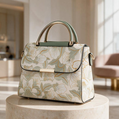 Sage Green Floral Handbag, Structured Satchel Purse, Floral Shoulder Bag, Top Handle Crossbody Bag, Elegant Women's Purse