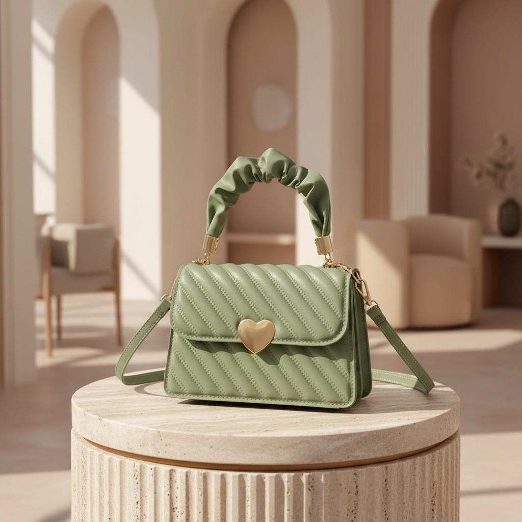 Sage Green Quilted Crossbody Bag, Women's Shoulder Purse, Heart Clasp Flap Bag, Small Everyday Handbag