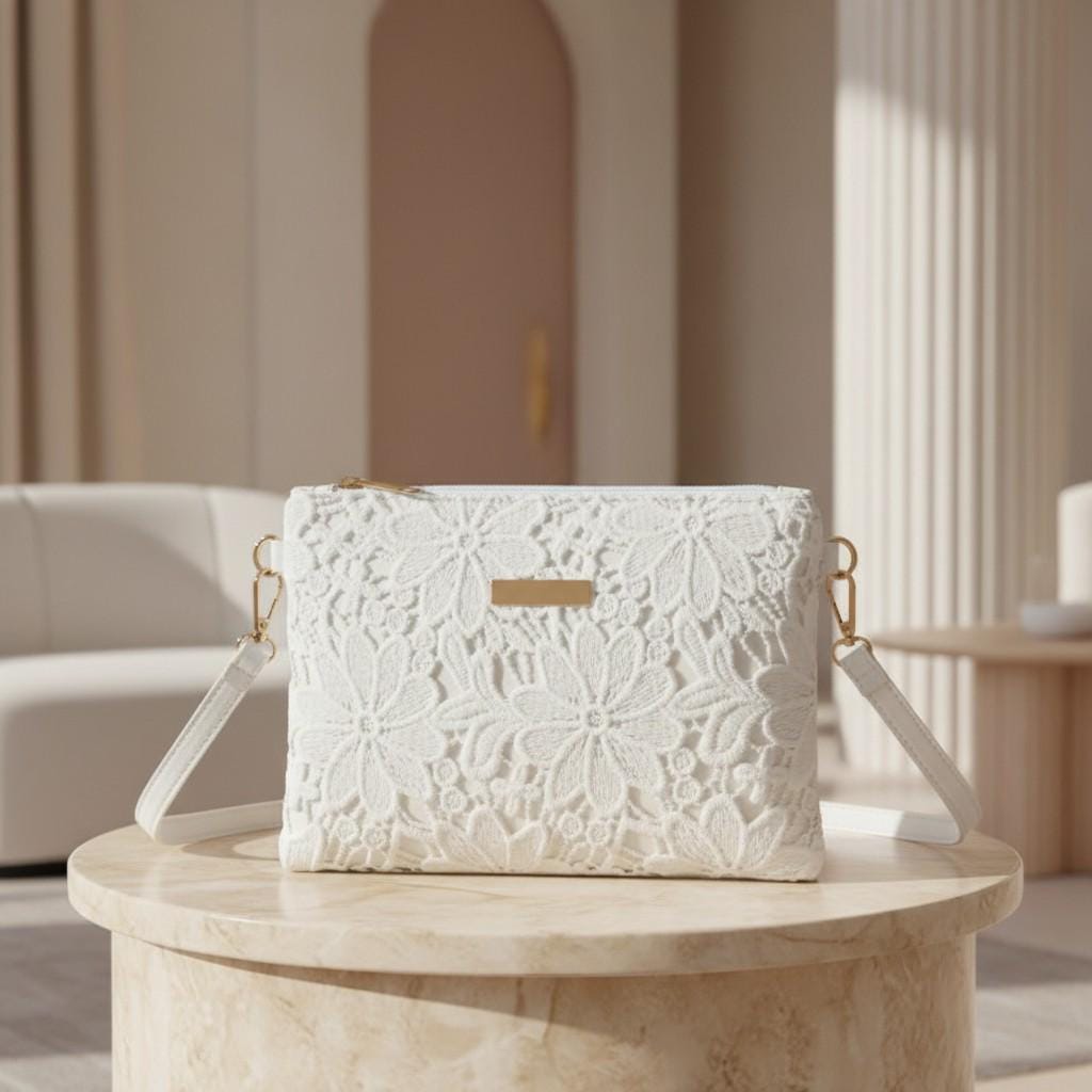 White Lace Crossbody Bag, Floral Shoulder Purse, Romantic Women's Everyday Bag