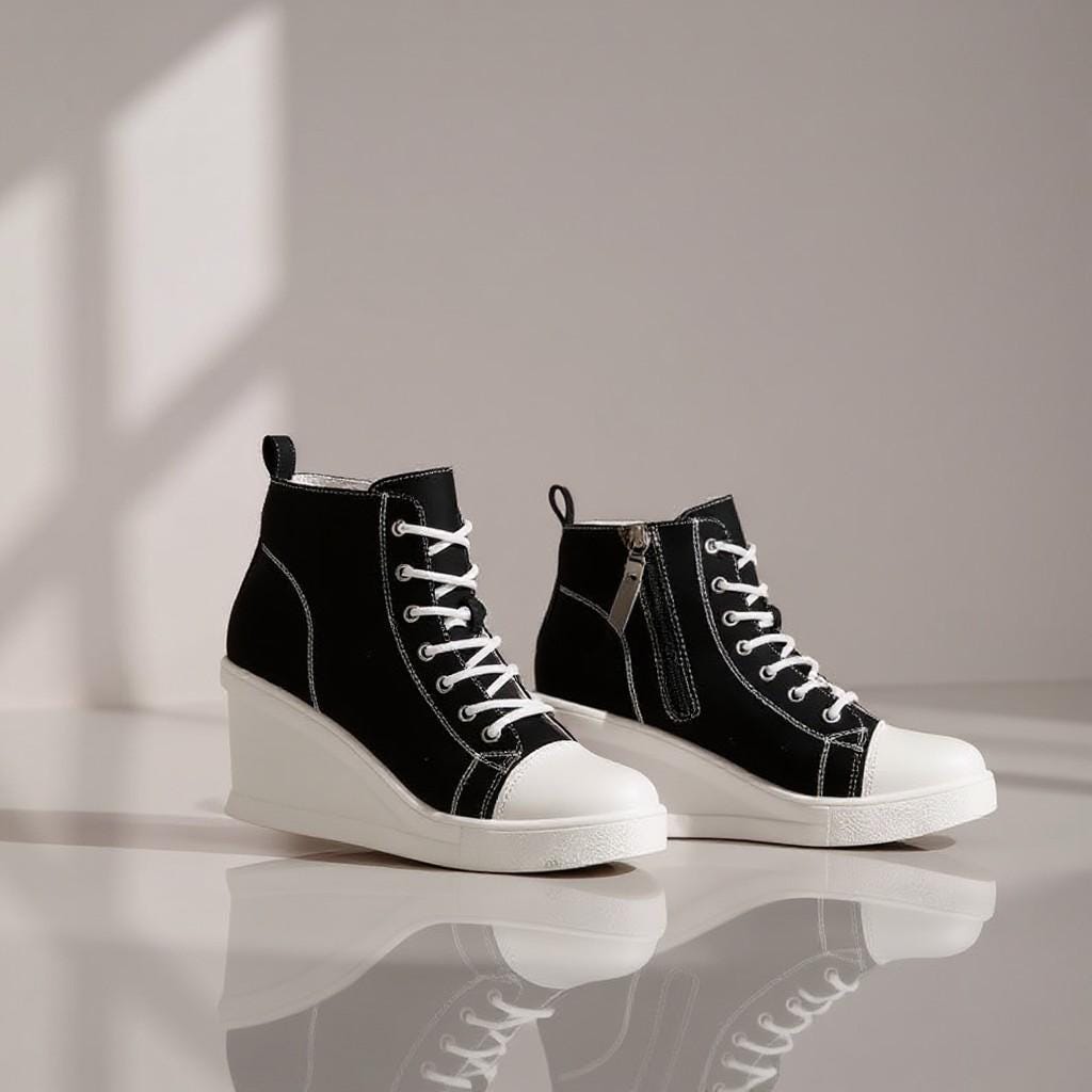 Black Wedge Sneakers, High Top Platform Shoes, Lace Up Ankle Sneakers, Women's Casual Wedge Shoes