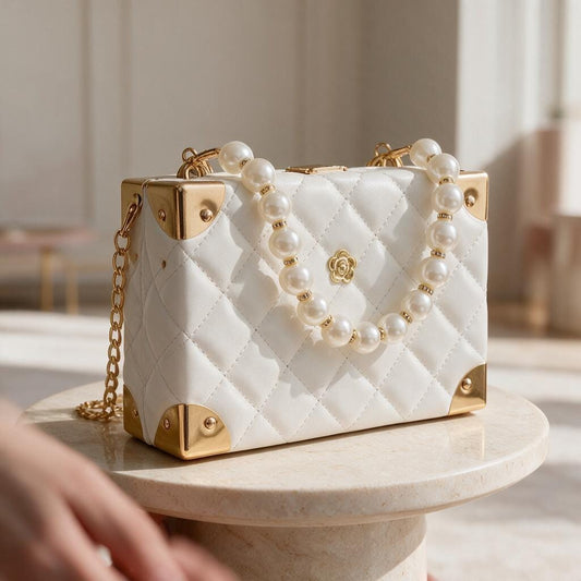 White Pearl Handle Bag, Quilted Shoulder Purse, Elegant Chain Strap Handbag, Ivory Evening Bag, Womens Flap Purse