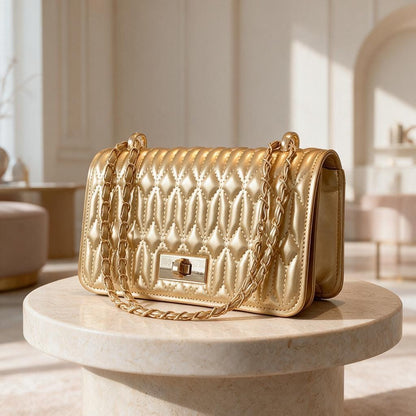 Gold Quilted Shoulder Bag, Metallic Chain Strap Purse, Elegant Flap Handbag, Champagne Gold Evening Bag, Glam Crossbody Purse