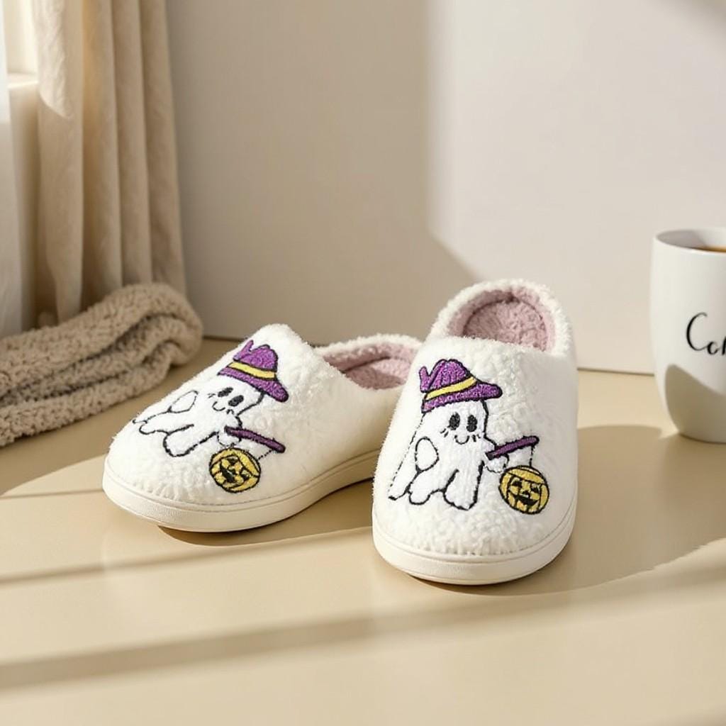 Halloween Ghost Slippers, Cute Pumpkin House Shoes, Fuzzy Spooky Slippers