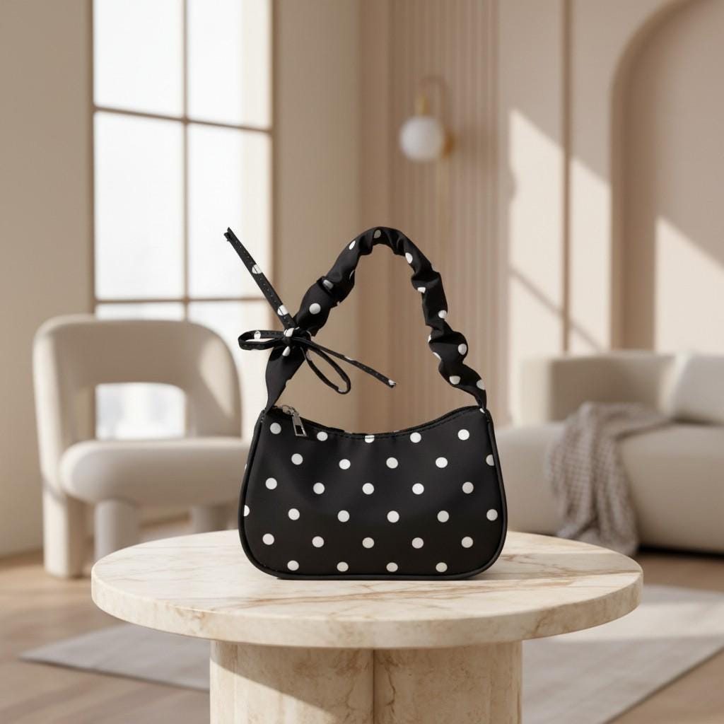 Black Polka Dot Shoulder Bag, Bow Strap Baguette Purse, Y2K Handbag, Coquette Ribbon Bag, Cute Everyday Purse