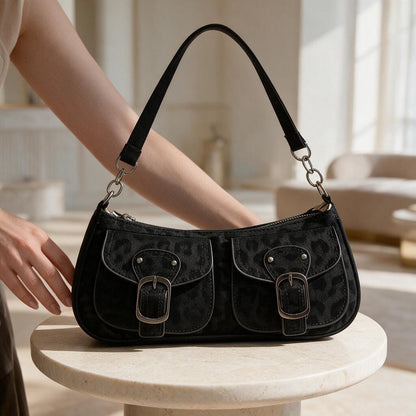 Black Buckle Shoulder Bag, Y2K Double Pocket Purse, 90s Baguette Handbag, Retro Bag