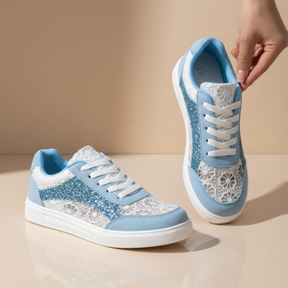 Blue Floral Sneakers for Women, Lace Detail Low Top Shoes, Light Blue Casual Footwear