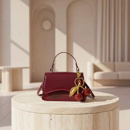Burgundy Baguette Bag, Cherry Charm Purse, Glossy Top Handle Handbag, Y2K Shoulder Bag