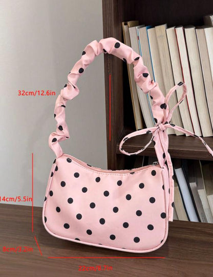 Pink Polka Dot Shoulder Bag, Bow Ribbon Strap Purse, Y2K Baguette Handbag, Coquette Pink Bag, Cute Everyday Purse