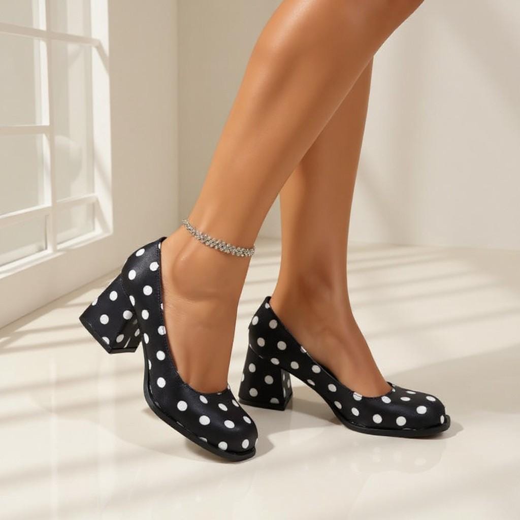 Black Polka Dot Heels, White Dot Block Heel Pumps, Retro Dress Shoes