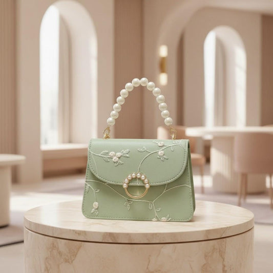 Mint Green Floral Embroidered Handbag, Pearl Handle Shoulder Bag, Chain Crossbody Purse, Romantic Evening Bag