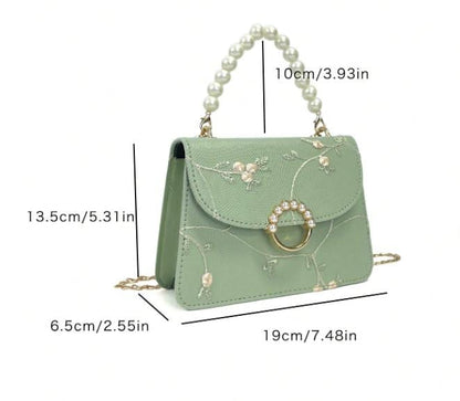 Mint Green Floral Embroidered Handbag, Pearl Handle Shoulder Bag, Chain Crossbody Purse, Romantic Evening Bag