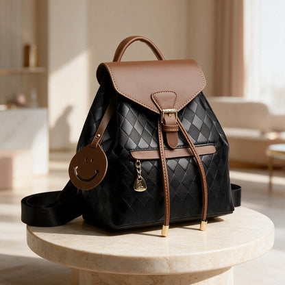 Black Quilted Backpack Purse, Mini Women's Backpack, Brown Flap Shoulder Bag, Cute Everyday Bag