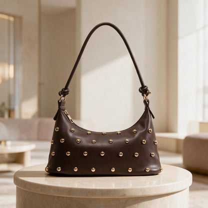Brown Studded Shoulder Bag, Y2K Hobo Purse, Chocolate Brown Handbag, Retro Everyday Bag