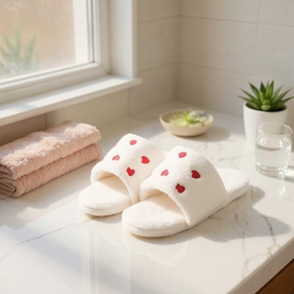 Heart Slippers, Fuzzy White House Slides, Cute Valentine Slippers
