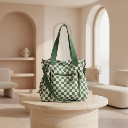 Green Checker Shoulder Bag, Large Tote Purse for Women, Plaid Crossbody Bag, Everyday Travel Handbag