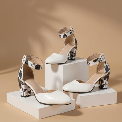 White Floral Wedding Heels, Ankle Strap Bridal Shoes, Block Heel Pumps