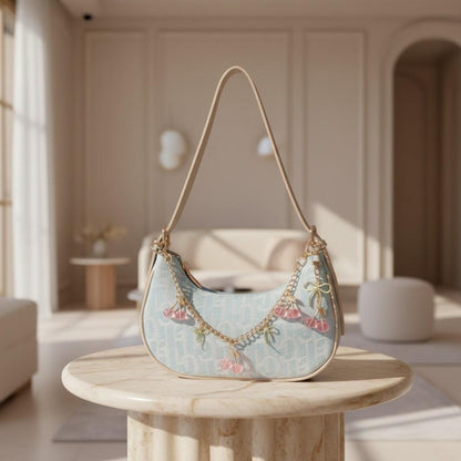 Blue Denim Shoulder Bag, Cherry Charm Purse, Y2K Baguette Handbag, Cute Mini Summer Bag