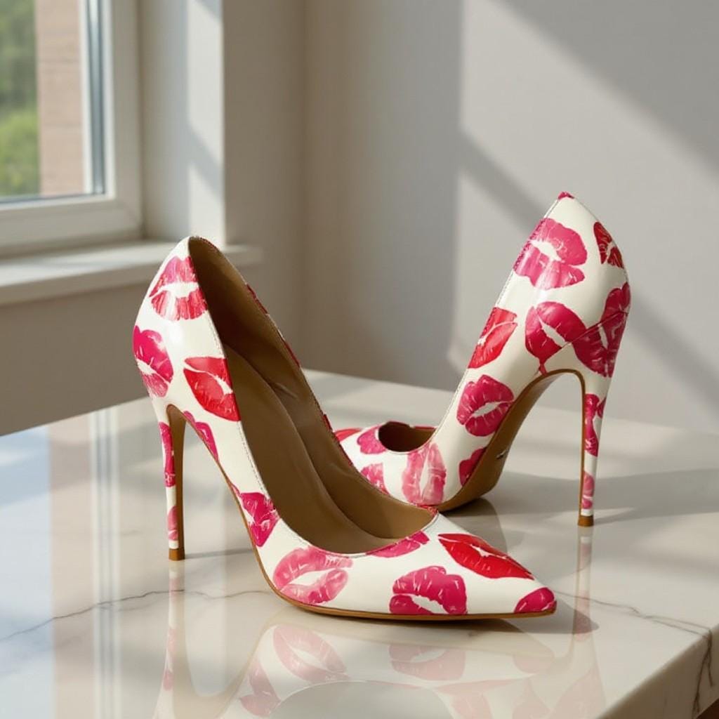 Red Lip Print Heels, Kiss Print Stiletto Pumps, White Pointed Toe High Heels, Women's Statement Shoes