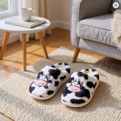 Cow Slippers, Cute Fuzzy Cow House Shoes, Plush Animal Slippers