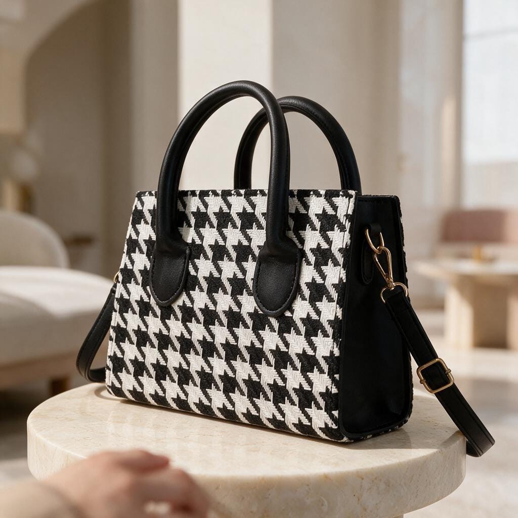 Houndstooth Handbag, Black White Top Handle Purse, Structured Shoulder Bag, Elegant Womens Handbag, Classic Checkered Purse