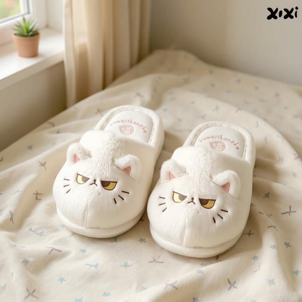 Grumpy Cat Slippers, White Plush Cat Slides, Cute Fuzzy House Shoes
