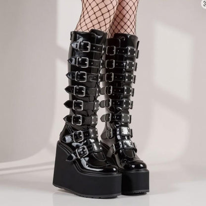 Black Gothic Platform Boots, Buckle Strap Knee High Boots, Punk Wedge Boots, Women's Alternative Footwear