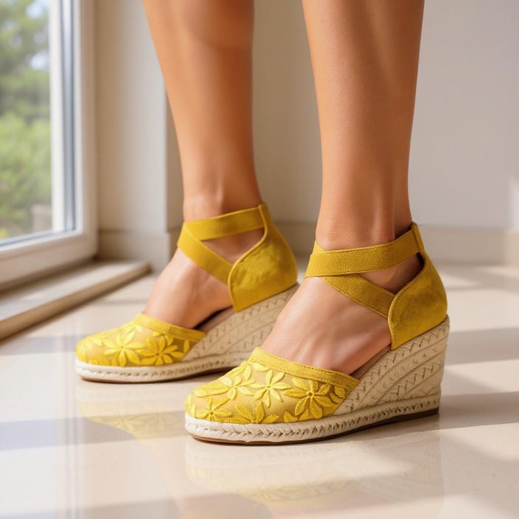 Yellow Floral Espadrille Wedge Sandals, Embroidered Ankle Strap Shoes, Summer Platform Heels