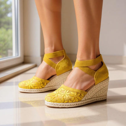 Yellow Floral Espadrille Wedge Sandals, Embroidered Ankle Strap Shoes, Summer Platform Heels