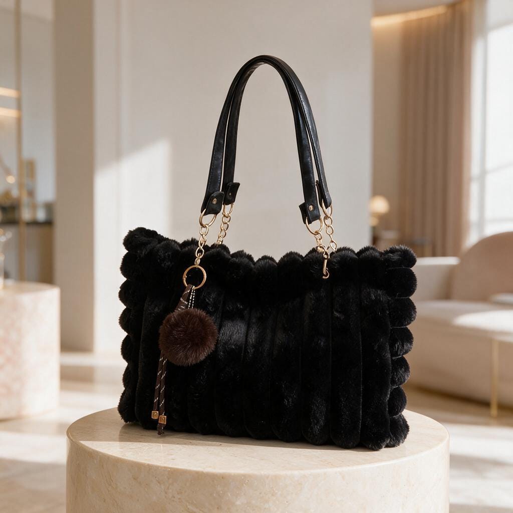Black Faux Fur Bag, Fluffy Shoulder Purse, Cozy Winter Handbag, Plush Tote Bag, Soft Furry Fashion Accessory